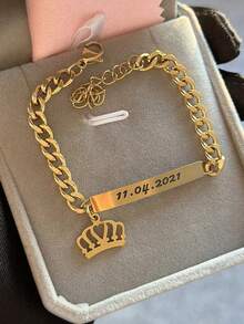 1pc New Custom Name Set Jewelry Stainless Steel Love Crown Name Pendant Engraved Name,18k Gold Electroplated Stainless Steel, Teen/Boy/Girl Bracelet Necklace Set - Multicolor - View 4