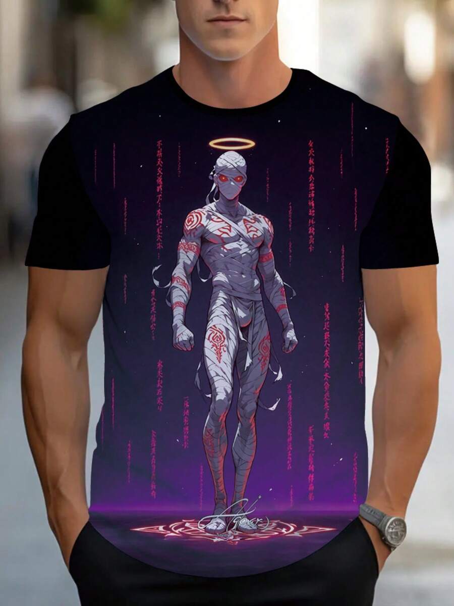 3D Digital Print Men'S T-Shirt | Casual Wear For Home Office Gym, Purple Futuristic Design, Lightweight, Durable, Comfortable Fit, Fashion Statement, Crew Neck, All Over Print, Perfect For Summer - 黑色 - 查看 1