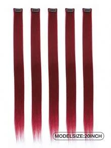 5pcs Colorful Clip-In Hair Extensions, 20-Inch Straight Synthetic Hair Clips For Party Costume, Christmas Or New Year Gift For Girls (Wine Red) - Burgundy - View 3