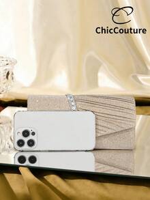 1件女士优雅时尚褶皱金色晚礼服手拿包，高端金属闪亮迷你派对手提包，适合派对女孩、女士、新娘，完美适用于派对、婚礼、舞会、宴会，可搭配婚纱、女士正式晚礼服、舞会礼服、生日礼服。配有金属链条肩带，可斜挎佩戴。 - 杏色 - 查看 4