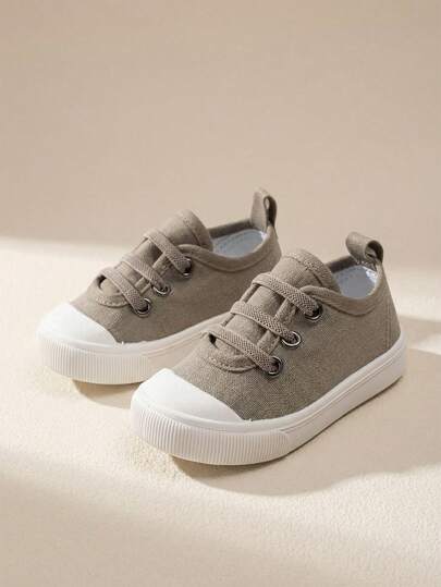 1 Pair Boys' Green Fashionable Minimalist Slip-On Canvas Sneakers With Lace-Up Design, Round Toe, Soft And Flat Bottom, Comfortable, Breathable, Lightweight And Casual Baby Shoes, Suitable For Daily Outdoor Activities, Physical Exercise, Park Walks And School Outfits, All Seasons