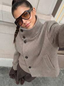 Retro Minimalist Stand Collar Wool Blend Casual Loose Fit Fashionable Commuter Coat For Women, Autumn/Winter - Khaki - View 3