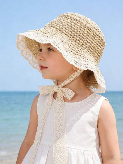 1pc Kids Breathable Lace Trim Bow Sun Hat, Outdoor Beach UV Protection Hat