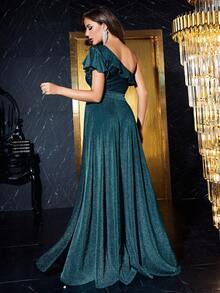 One-Shoulder Mesh Patchwork Sequin Slit Dress - Teal Blue - View 2