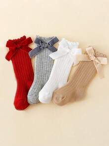 4 pares de calcetines de rodilla con volantes y lazos de color liso para bebés y niñas pequeñas, aptos para uso diario - Multicolor - Ver 9