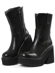 Women Western Cowboy Boots Chunky Wedge Heel Platform Combat Ankl Booties Cowgirl Round Toe Side Zipper Motorcycle Shoes - 黑色 - 查看 8
