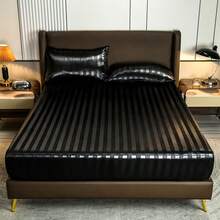 1件纯色黑色缎面仿丝床笠，含1件床笠，情人节床垫套，现代柔软床上用品套装，适用于家用特大号、大号、标准双人床、单人床，床笠深口袋设计，最大可达11.8英寸，透气防皱，提升睡眠质量，可机洗。 - 黑色 - 查看 2