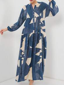 Elegant And Dignified Women's Long Sleeve Button Front Dress With Leaf Print, Slightly Stretchy Fabric, Suitable For Party Wear - Gray Blue - View 4