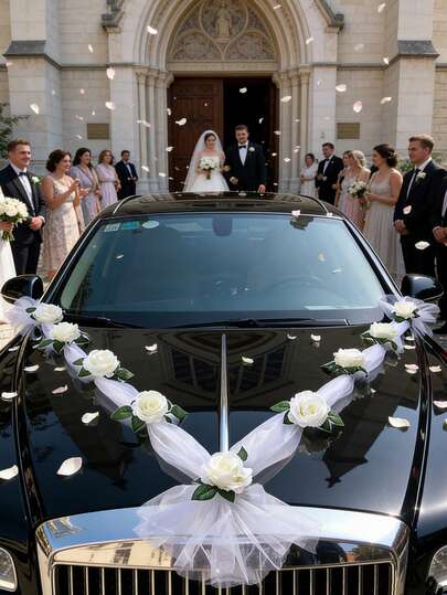 一套婚车人造花卉装饰套装，包括前部装饰、后视镜装饰、带吸盘的人造玫瑰花环和白色丝带，适用于婚礼装饰、订婚装饰DIY工具套装，是婚礼、派对、新娘送礼会的完美之选。