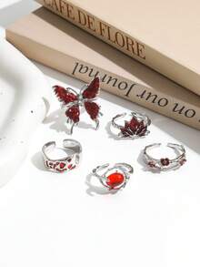 5pcs Gothic Style Red Drip Axis Butterfly Rhinestone Rings Set, Faux Ruby Small Flower Maple Leaf Multi-Element Rings For Women - Silver - View 3
