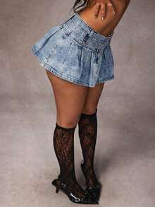 女士迷你牛仔百褶裙，性感派对装扮，无弹力面料 - 藍色 - 查看 5