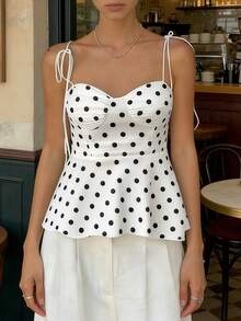 Women's Casual Elegant Versatile Polka Dot Sleeveless Fitted Tank Top With Bow Tie Strap Design And Flared Hem, Suitable For Spring/Summer - Black and White - View 1