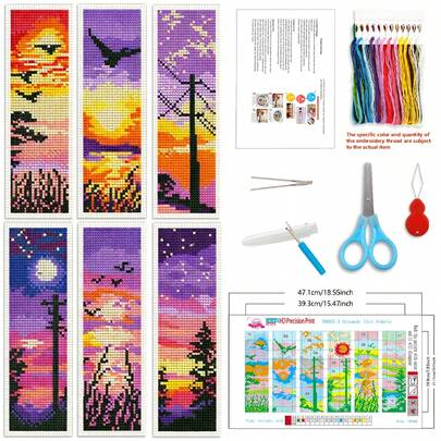 Bộ 6 tranh thêu chữ thập tự làm - Chủ đề phong cảnh hoàng hôn, tranh thêu chữ thập in sẵn 11CT kèm chỉ, kéo, kim và dụng cụ, đồ thủ công tự làm cho người mới bắt đầu, quà tặng trang trí nhà cửa, giảm căng thẳng.