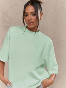 Valentine Outfits For WomenMISSGUIDED Oversized T Shirt Mock Neck Wide Half Sleeve Boxy Fit Casual Office Weekend Fall Winter Fashion Minimalist Vers - 薄荷綠 - 查看 3