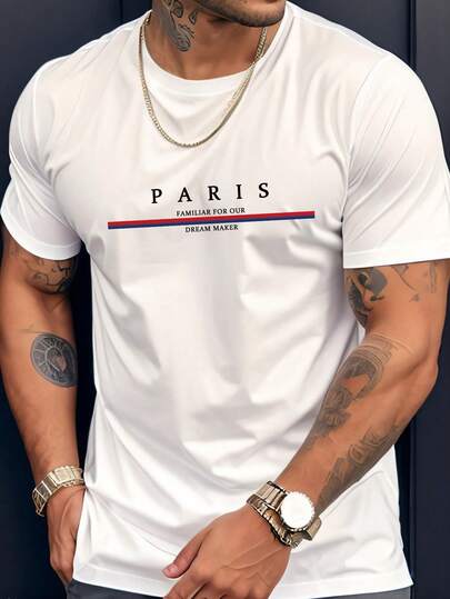 Men's Fashion Simple Design, Paris Line Pattern Print, Lightweight Comfortable T-Shirt, Suitable As Gift For Friends And Family, Suitable For Outdoor Hiking, Suitable For Daily Casual T-Shirt, Gym Outfit, Sports And Daily Gym Workout T-Shirt, Versatile Casual Short Sleeve T-Shirt