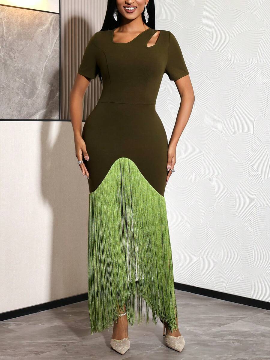 女士橄榄绿优雅流苏长款派对礼服，不对称领口短袖修身正式晚礼服