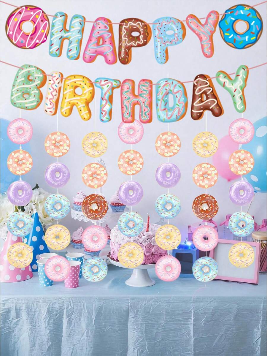 2件套甜甜圈主题生日派对横幅,甜甜圈生日快乐派对装饰,甜甜圈派对悬挂式螺旋生日标牌,可重复使用,派对背景,墙面装饰,适用于所有庆祝活动,青少年,一周岁生日,室内/室外派对装饰 - 彩色 - 查看 1