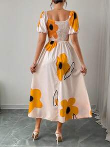 Women's Floral Print Off Shoulder Knot Front Thigh Slit Dress - 黃色 - 查看 2
