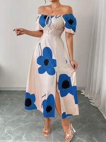Vestidos Largos Casuales De Mujer Con Hombros Descubiertos, Estampado De Flores, Espalda Fruncida Y Abertura Alta,Vestido Con Estampado Floral, Hombros Descubiertos, Nudo En El Frente Y Abertura En El Muslo Para Mujer - Azul - Ver 4