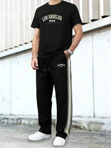 1 Set Men's Casual Outfit, Solid Color Printed Top For Daily Wear, Streetwear Short Sleeve Shirt, Minimalist Outdoor Hiking Sports Pants, Versatile Jogging Trousers, Striped Straight Leg Pants, Spring/Summer Black - Black - View 2