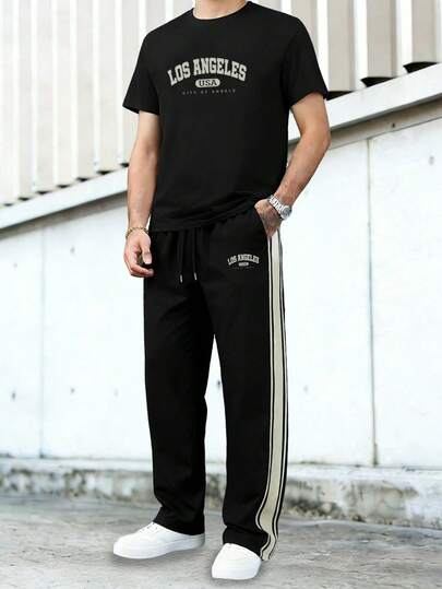 1 Set Men's Casual Outfit, Solid Color Printed Top For Daily Wear, Streetwear Short Sleeve Shirt, Minimalist Outdoor Hiking Sports Pants, Versatile Jogging Trousers, Striped Straight Leg Pants, Spring/Summer