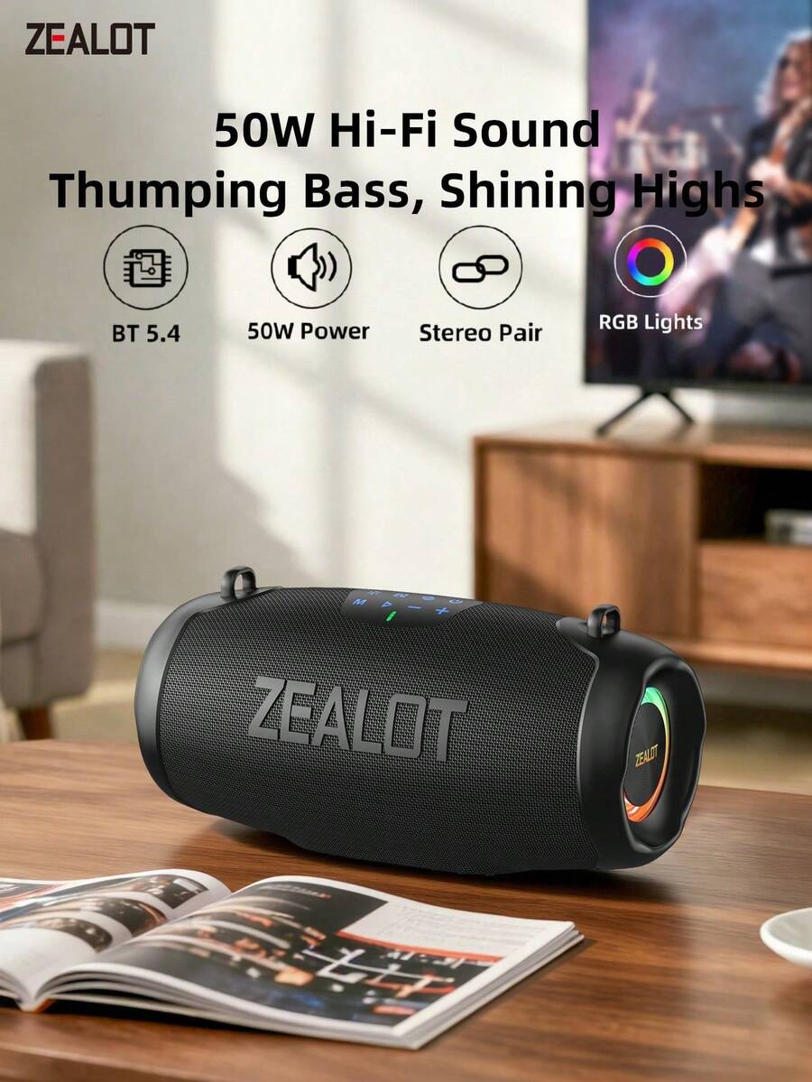 ZEALOT P15 50W 大功率无线音箱，便携式户外设计，防水，5 个扬声器，RGB 灯光，支持 SD 卡/USB/AUX 输入，支持菊花链连接，支持免提通话，兼容手机/平板电脑/电视/电脑，适合户外派对、家庭聚会、海滩派对等场合。 - 均碼 - 查看 1