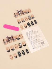 30pcs Square Short Black Polka Dot Plaid Striped Pattern Pearl Rhinestone Decorated False Nails, Comes With Glue And Nail File, Suitable For Party And Daily Use, Reusable, Can Enhance Your Elegance Nail Supplies - Multicolor - View 2