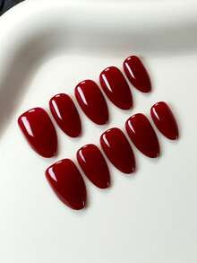 10片手工制作的可穿戴美甲贴片，短款杏仁形按压式美甲，甜美奢华风格。光滑亮泽的纯红色短款按压式美甲，适合女性和女孩日常及节日佩戴，包含美甲工具包和配件。 - 彩色 - 查看 7