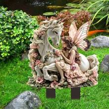 装饰艺术仙女花园 - 白色独角兽和精灵雕像，塑料户外花盆装饰，波西米亚风格花园装饰，感恩节主题，落地式，无需电源或电池 - A - 查看 15