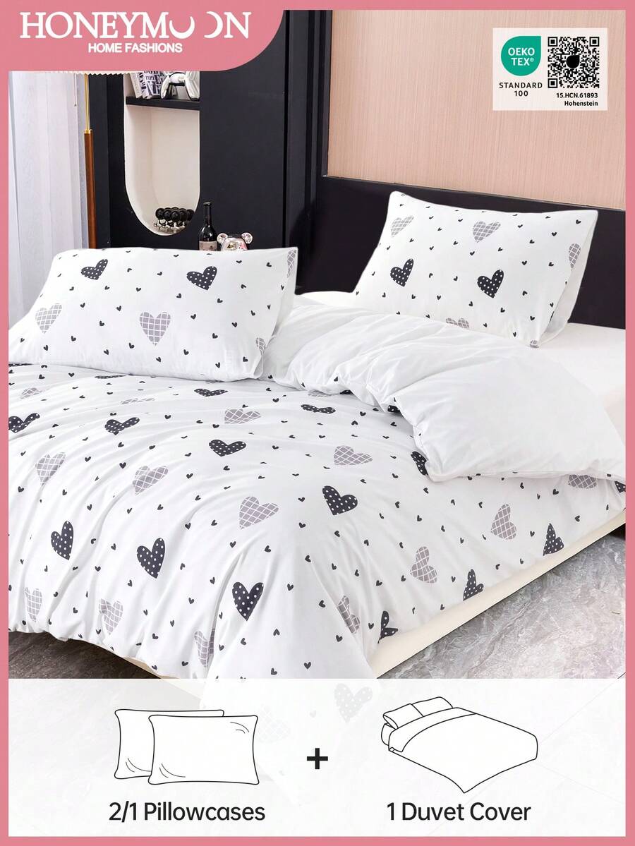 Conjunto de capa de edredom com estampa de coração (2/3 peças), 1 capa de edredom + 1/2 fronha (edredom não incluído), macio e respirável, item essencial e moderno para quarto e dormitório, certificado Oeko-Tex. - Multicolorido - Ver 1