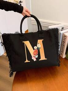 黑色帆布流苏单肩包，大容量手提包，学生笔记本电脑包 - 長方形 - 查看 10