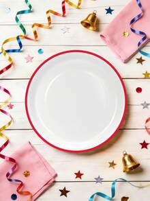 Bộ 20/40/60 đĩa giấy đỏ trắng dùng một lần, bộ đĩa ăn chính và đĩa tráng miệng cho tiệc sinh nhật, đám cưới, sự kiện, lễ hội. - Nền trắng với các cạnh màu đỏ - Xem 5