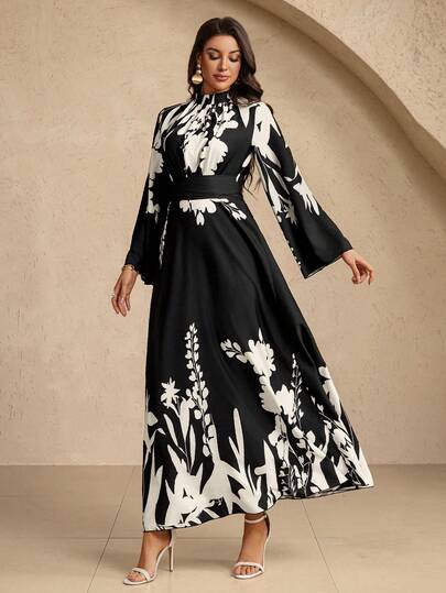 Women's Black & White Floral Art Print Bell Sleeve Mock Neck Self-Tie Waist Maxi Dress – Ideal For Daily Elegant Wear, Summer Vacation Resort Wear & Evening Party Gown Looks