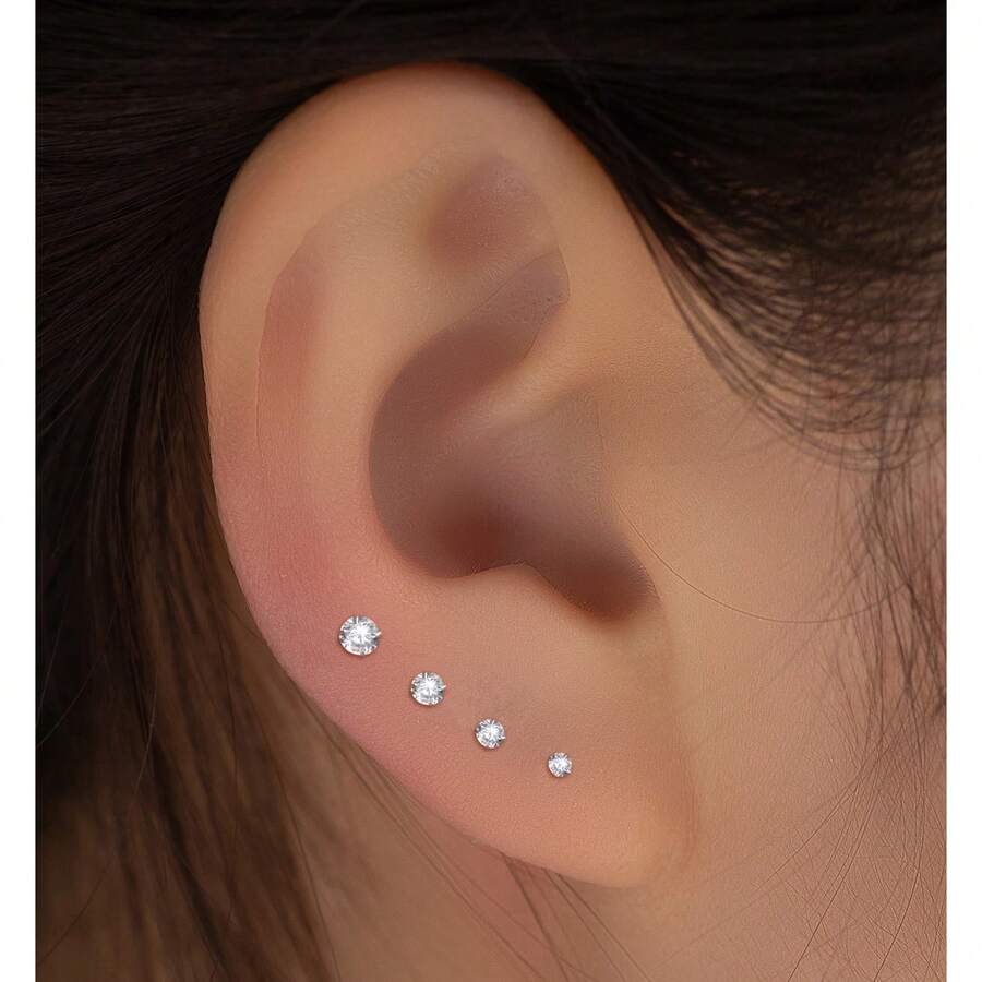 1 Pair Minimalist 925 Sterling Silver Round Cubic Zirconia Stud Earrings, 1.5mm/2.0mm/2.5mm/3mm/4mm/5mm/6mm/7mm/8mm, With 925 Silver Earring Backs, Suitable As Valentine's Gift For Girlfriend - Silver - View 1