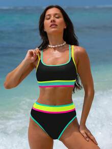 popvil Conjunto de sujetador deportivo y bikini de bloques de color, vacaciones de verano - Negro - Ver 5