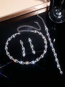 4件套时尚气质白色耳环项链手链三件套，轻奢风格情人节礼物，适合派对、晚宴、女士日常佩戴，情人节礼物及婚礼场合。 - 銀色 - 查看 8