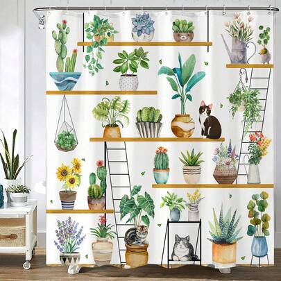 1pc Sweet And Cute Potted Cat Shower Curtain, Modern And Fashionable Plant Animal Printed Shower Curtain, Perfect For Bathroom Decoration, Universal Room Decoration, Home Decoration Set, Bathroom Accessories Bath Curtain