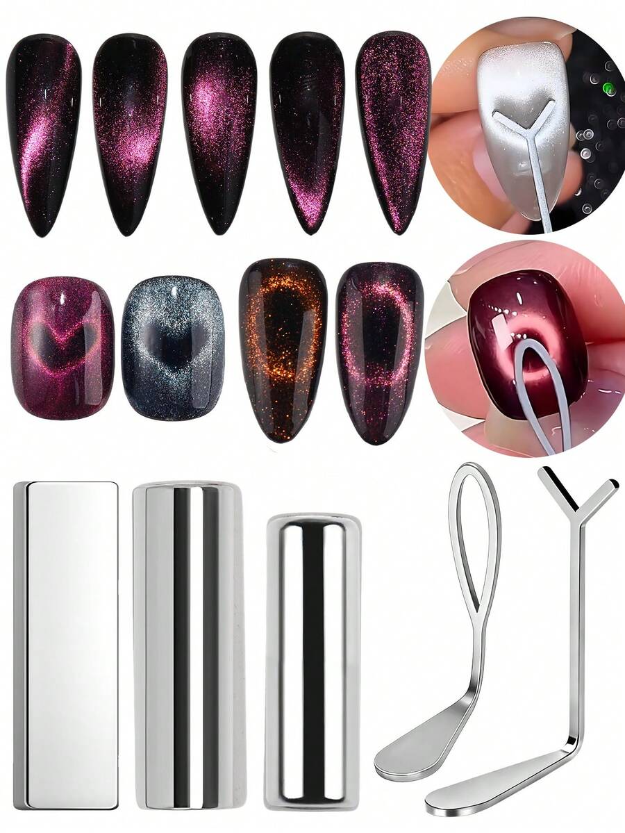 FULL BEAUTY Cat Eye Magnet Tool Set, Iron Cat Eye Magnetic Rod For Creating Black Hole/Heart-Shaped Cat Eye Effect, Multi-Functional French Nail Magnet Tool Cylindrical/Rectangular Magnetic Strip For Nail Art DIY