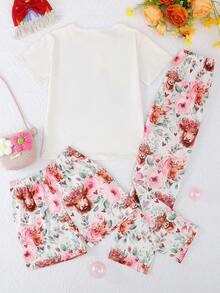 3 peças/Conjunto Pijama Casual e Fofo de Meninas com Estampa de Vaca das Terras Altas e Floral, Top de Manga Curta Gola Redonda, Shorts e Calça, Retardante de Chamas, Todas as Estações - Multicolorido - Visão 2