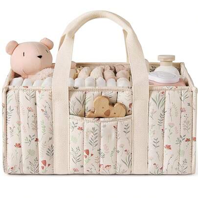 花卉图案尿布收纳篮，时尚储物篮，便携式湿巾收纳篮，多功能柔软收纳篮，大容量可折叠收纳篮，可重复使用的必需品收纳篮，带提手的车载收纳篮，旅行收纳篮，理想的礼物和待办事项清单