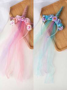 1/2pcs Children Rainbow Unicorn Tulle Headband Princess Veil, Flower Decor Colorful Headpiece, Girls Festival Party Headband - Multicolor - View 13