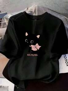 Cute Kitten T-Shirt, 100% Cotton, Delicate, Comfortable, Summer, Short Sleeve, Round Neck - 黑色 - 查看 2