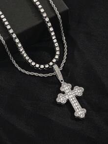 Fashionable Minimalist Cross Pendant Necklace Combo With Twisted Chain And Tennis Chain, Punk Style Zinc Alloy Jewelry For Daily Wear - Silver Cross - View 1
