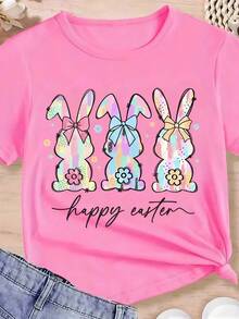 Easter Bunny Egg Girls' Pink Graphic Tee, FuncCute Text Print, Perfect For Spring Summer, All-Year Wear, Ideal Birthday &Holiday Gift - 粉色 - 查看 1