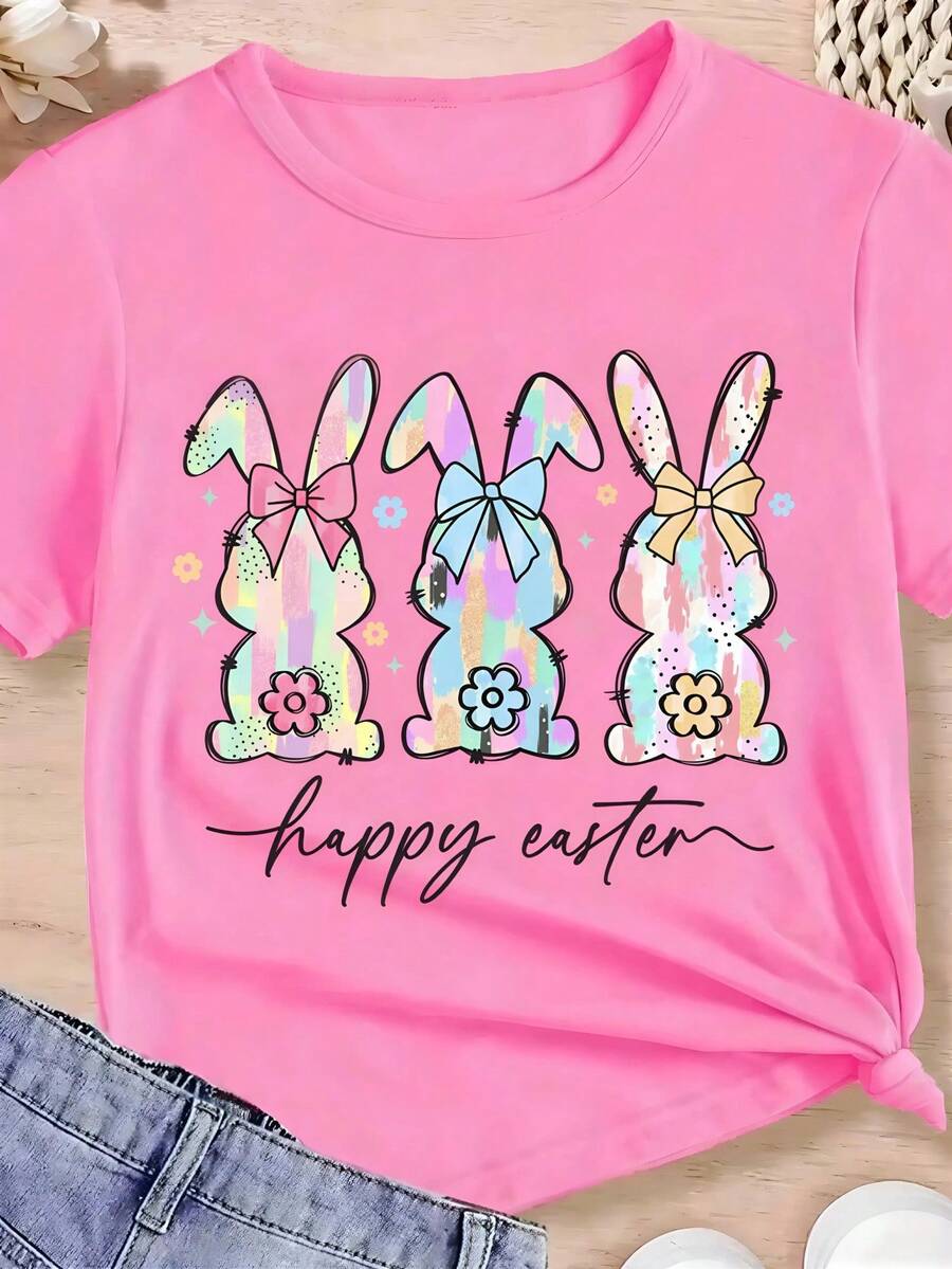 Easter Bunny Egg Girls' Pink Graphic Tee, FuncCute Text Print, Perfect For Spring Summer, All-Year Wear, Ideal Birthday &Holiday Gift - 粉色 - 查看 1