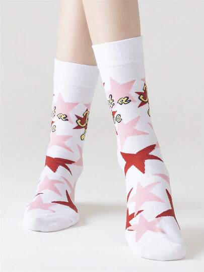 1 Pair Kids/Teens' Moisture-Wicking Breathable Red Star & Letter Pattern Socks, Back To School