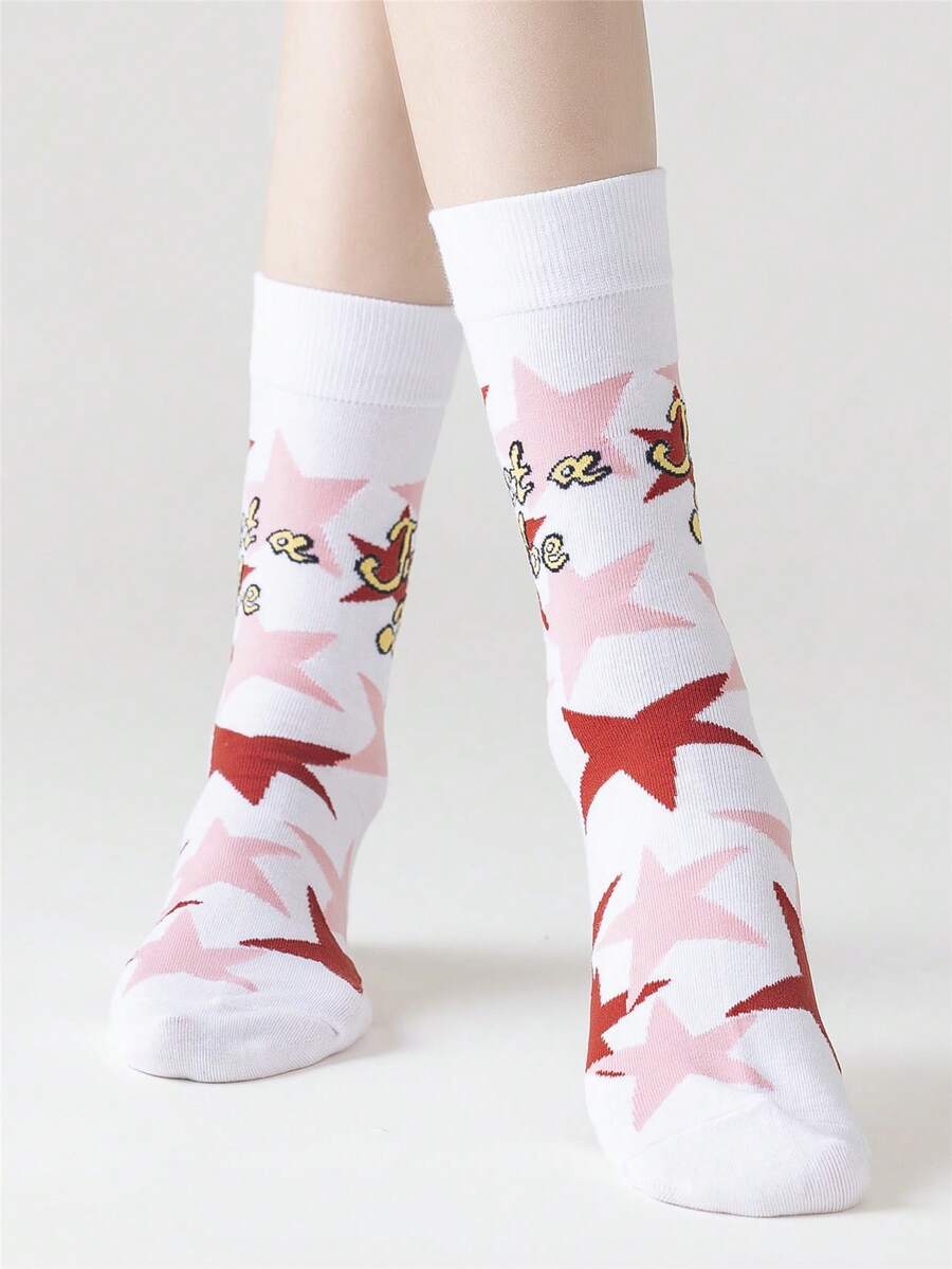 1双儿童/青少年吸湿透气红色星星字母图案袜子，返校季 - 粉色 - 查看 1