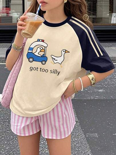 Teen Girls' Cute Aesthetic Oversized Tee, "Got Too Silly" Print, Duck Driving Car Accent, Raglan Sleeve Loose T-Shirt, For Friend Shopping, Weekend Hangout, Street Style, Casual Daily Wear
