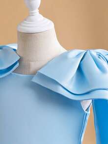 Young Girls' Simple Elegant Satin Dress With Thick Straps & Big Bow, Suitable For Birthday Party, Prom, Holiday Celebration, Does Not Include Headband - Baby Blue - View 7