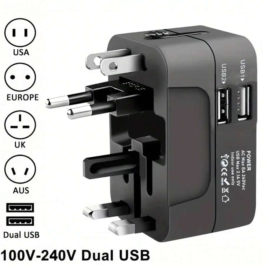 Adaptador de corriente con puertos de carga USB duales, enchufes y tomas de viaje universales, adaptador de corriente EU-US - Doble USB - Ver 1